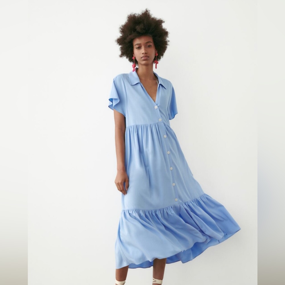 Zara Baby Blue Tiered Midi Dress